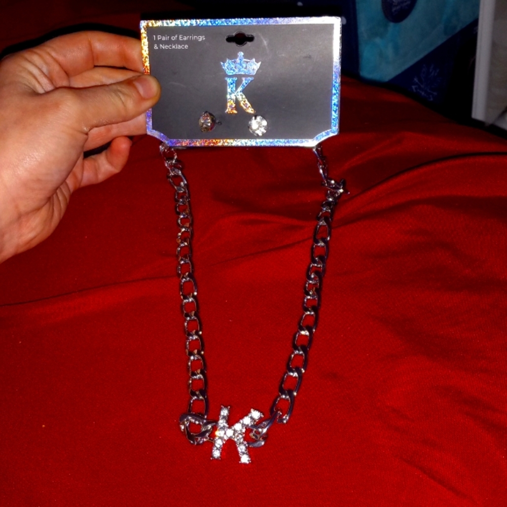 K Initial Necklace and Big Stud Earrings